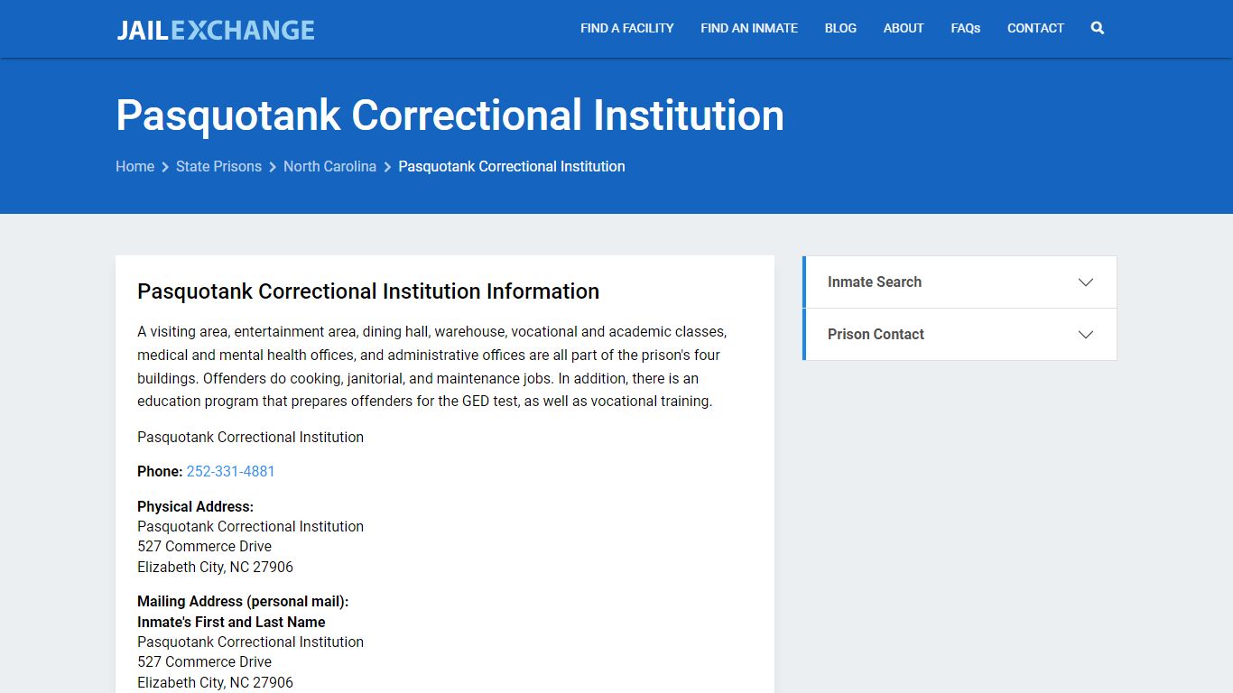 Pasquotank Correctional Institution Inmate Search, NC - Jail Exchange